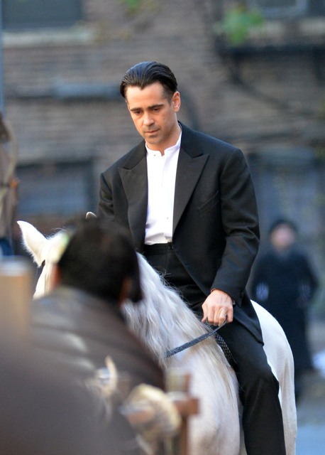 Colin Farrell on a white horse on the set of Winter’s Tale